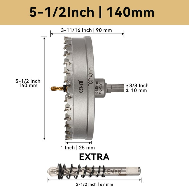cenyb 5-1/2" (140mm) Tungsten Carbide Tipped Hole Saw with 2Pcs Titanium-Plated Pilot Drill Bits for Hard Metal,Stainless Steel,Iron,Aluminum Alloy,Wood and Plastic - Image 2